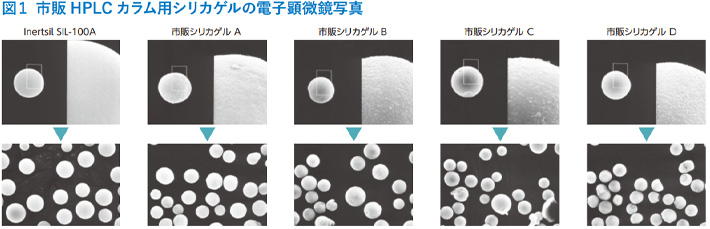 図1　市販 HPLC カラム用シリカゲルの電子顕微鏡写真